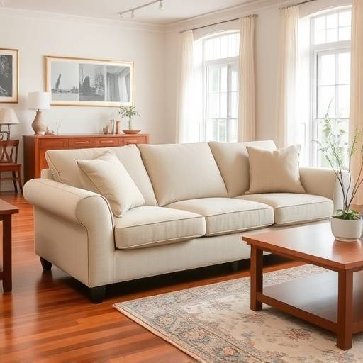 A luxurious EverBloom sofa upholstered in beige linen, positioned in a brightly lit living room with hardwood floors and a decorative coffee table