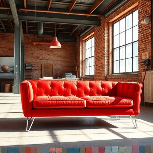 Bright red sofa with metal legs placed in an industrial style loft apartment