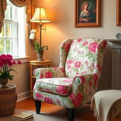 Comfortable armchair with a floral pattern in a cozy reading nook.