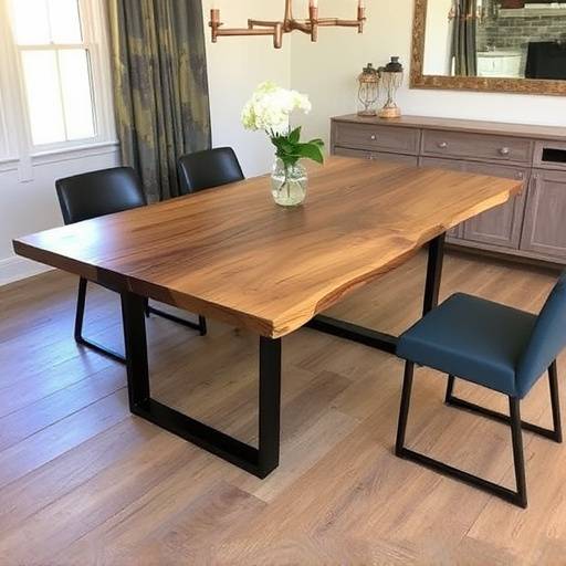 Custom dining table with a live edge and metal legs in a dining room