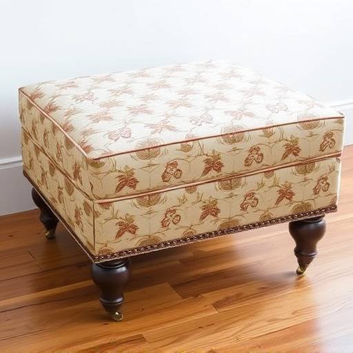 Custom ottoman with patterned fabric and turned legs in a bedroom