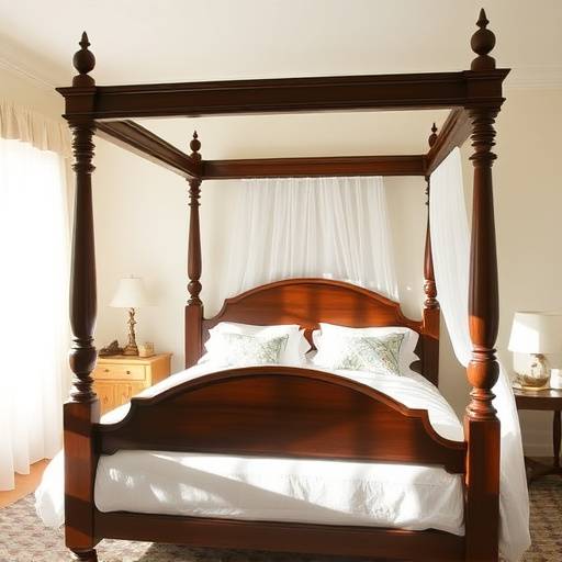 Four poster bed with sheer curtains in a light and airy bedroom