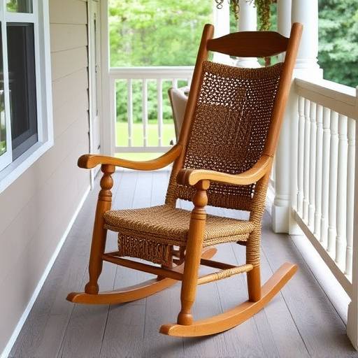 Handcrafted rocking chair with woven details on a porch.
