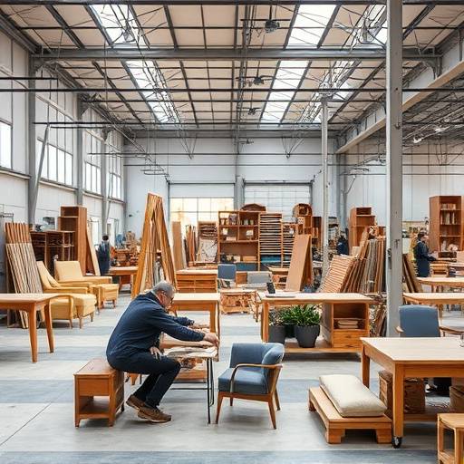Image of EverBloom Furnishings factory interior, showcasing the furniture making process.