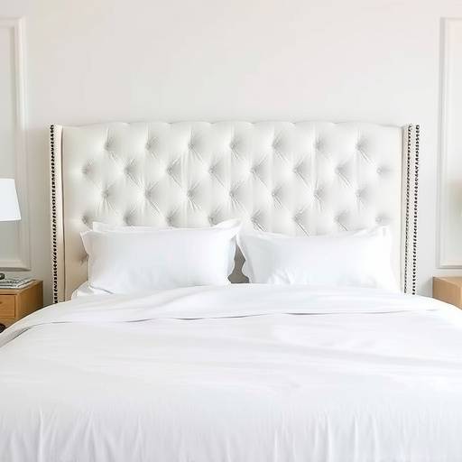 King-size bed with a tufted headboard, covered in a white linen duvet