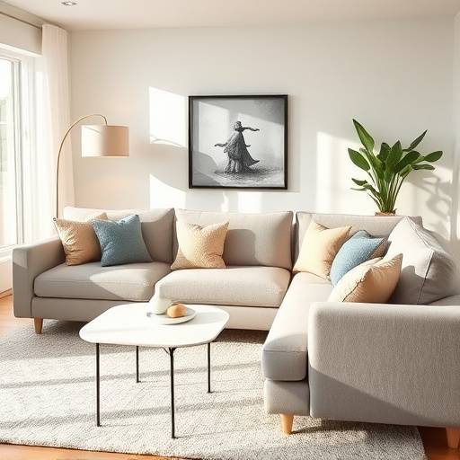 Modern sectional sofa with throw pillows in a brightly lit living room.
