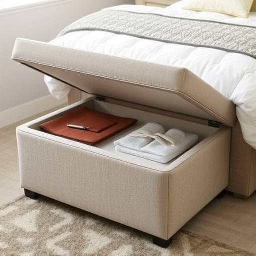 Ottoman pouf with a storage compartment, placed at the foot of a bed
